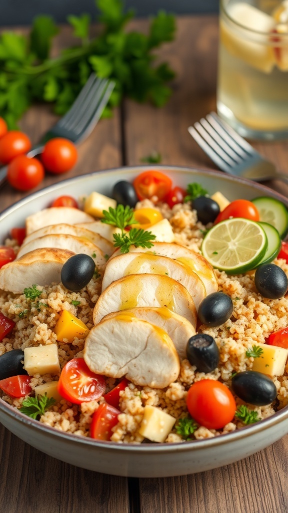 Mediterranean Chicken Quinoa Salad Recipe A colorful Mediterranean chicken quinoa salad with grilled chicken, quinoa, tomatoes, cucumber, olives, and parsley.